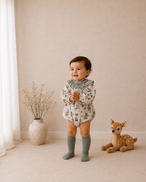 Pelele bombacho de bebé París en verde empolvado con estampado ilustrado